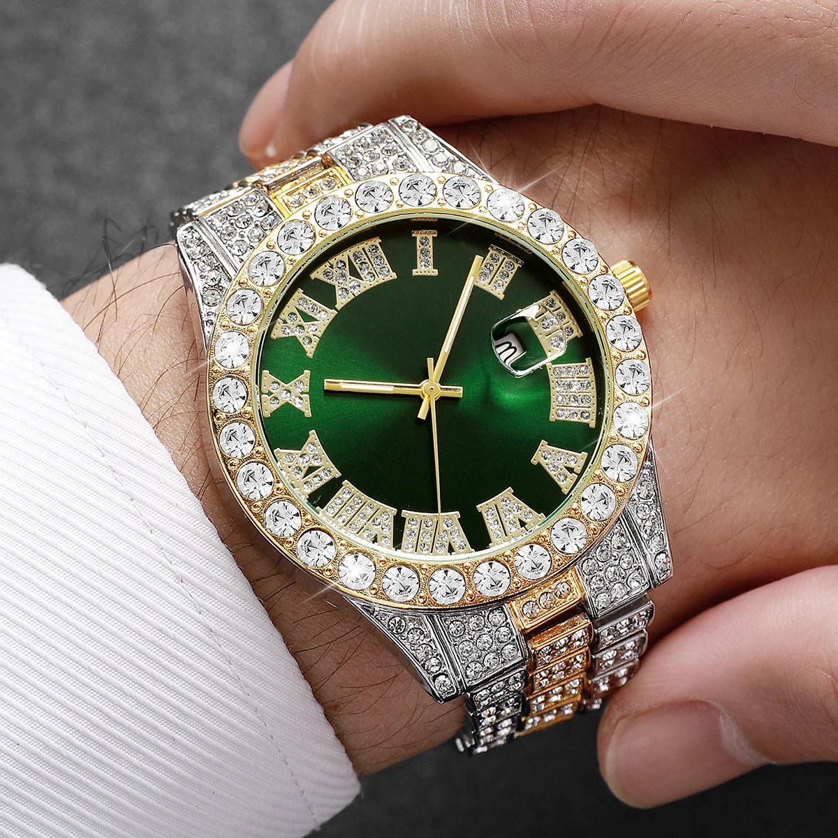 Men's Steel Band Quartz Watch Hip-Hop Business Steel Band Calendar Full Diamond Men's Watch