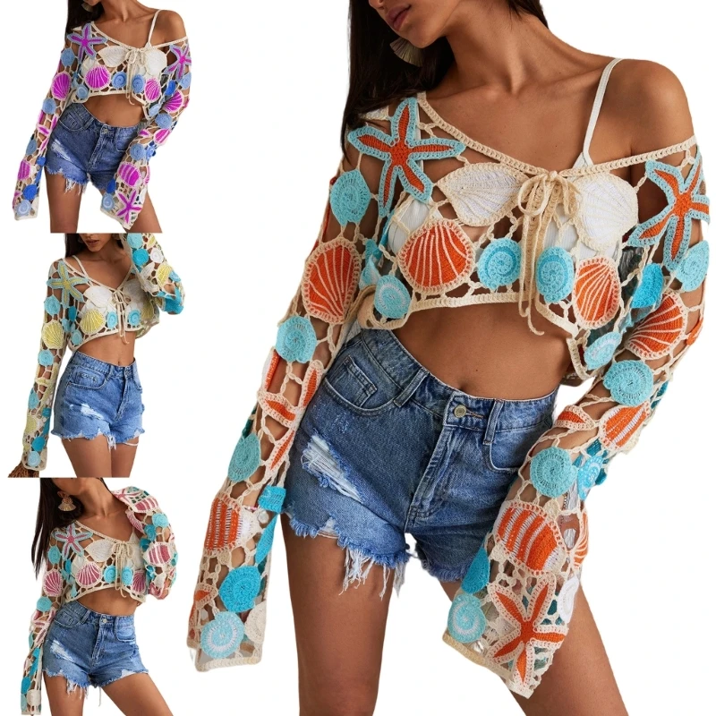 

Fashionable Artistic Weave Cutout Beach Blouse Breathable Sun Protective Outerwear For Summer Wear 24BD