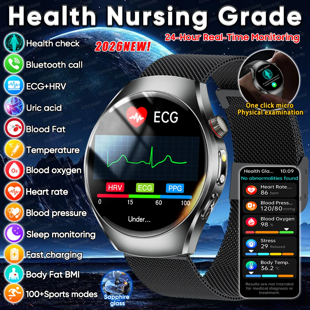 2026 New Nursing Grade ECG Blood Fat Uric Acid Health Smart Watch Men Women Heart Rate Blood Pressure Bluetooth Call Smartwatch