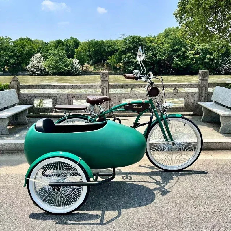 Classic tricycle art park showcases side bucket drag, dense spokes high-end edge, custom