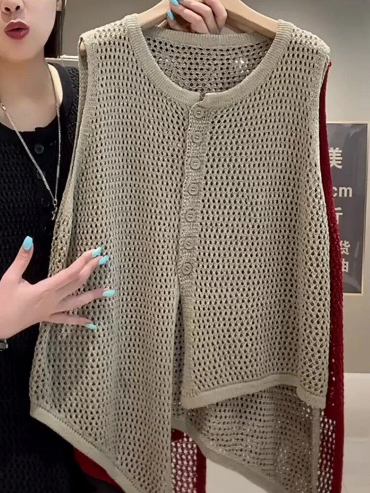 Fashionable European Style Loose Slim round Neck Knitted Vest Women's Hollow out Trendy Versatile Sleeveless Tank Top