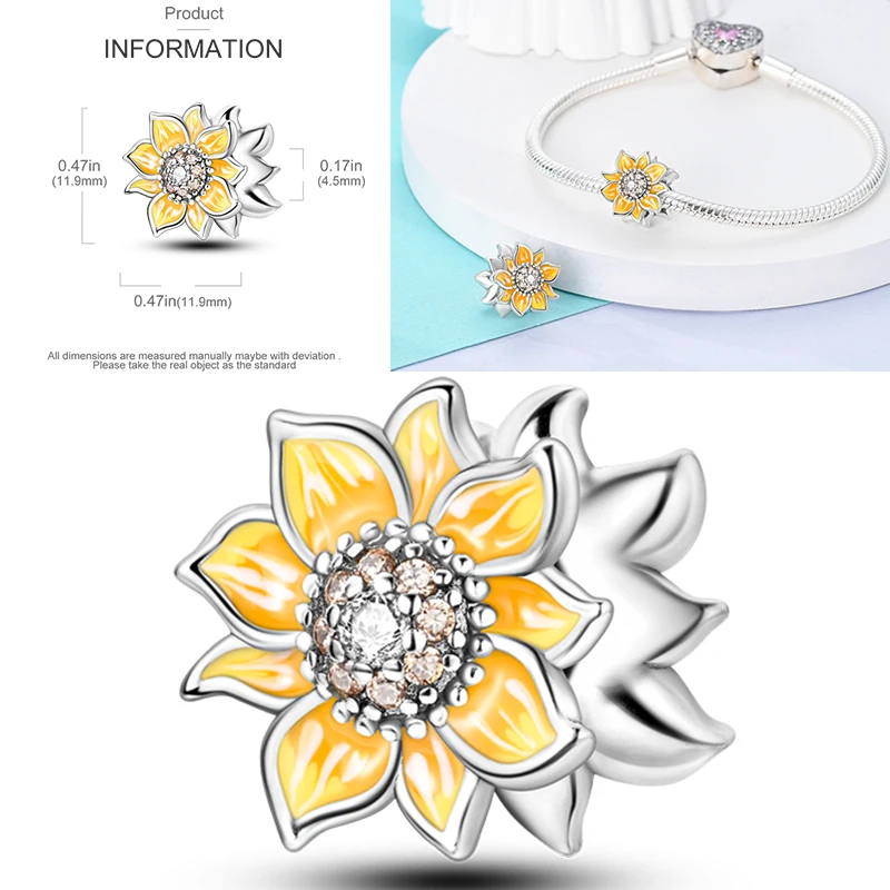 Katzen- und Sonnenblumen-Charm aus 925 Sterling Silber, gelbe Blume, Sonnenblume, Hausperlen, passend für Original-Armreifen, Damen-DIY-Schmuck – Detail 27