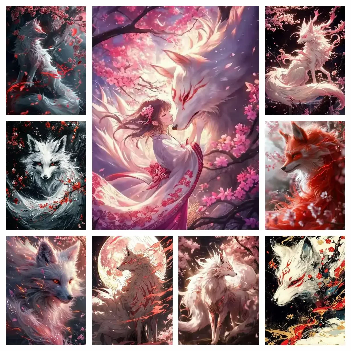 Japanese Mythical Creature Sakura Red Fox Wolf Moon 5D DIY Full Square Diamond Painting Living Room Bedroom Aesthetic Decorati