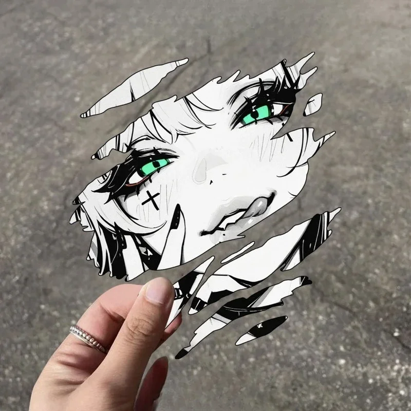 Torn Paper Green Eye Anime Girl Punk Cross Stickers For Car Motorcycle