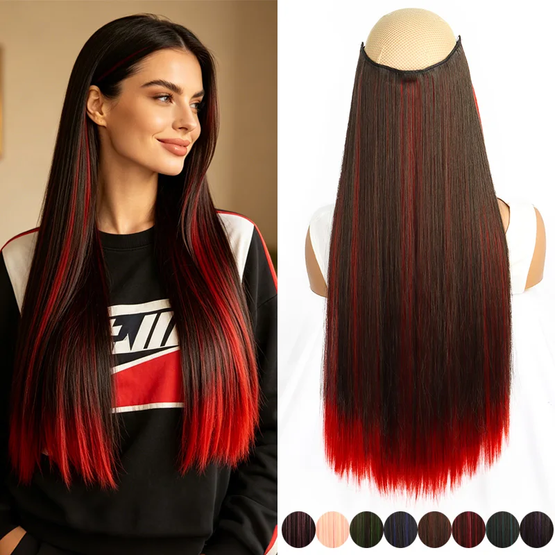 Synthetic 24Inch Long Straight One Piece Rainbow Highlight Clip In Hair Extensions for Women Daily Use Easy Wear