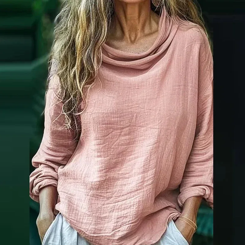 Elegante Lange Mouw Plooien Trui Vrouwen Alle Match Effen Sjaal Kraag Tops Mujer 2025, Nieuwe Lente Lange Mouw Temperament Blouse