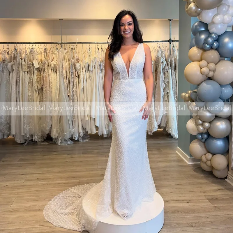 Beaded Lace Deep V-neck Mermaid Wedding Dress for Bride Customized Sleeveless Slim Fit Formal Bridal Dress vestidos de novia
