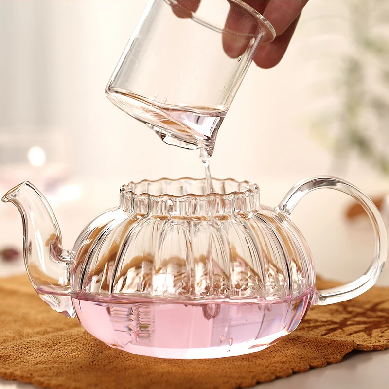 600ml Striped pumpkin shape flower teapot,Heat Resistant Glass Pot,Flower TeaCup Glass Teapot with Infuser Tea Leaf Herbal