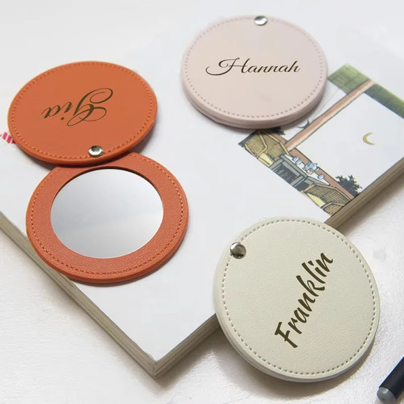 Personalized Leather Pocket Mirror Small Mini Round Cute Portable Magnifying Vanity Hand Makeup Professional Mirror for Travel