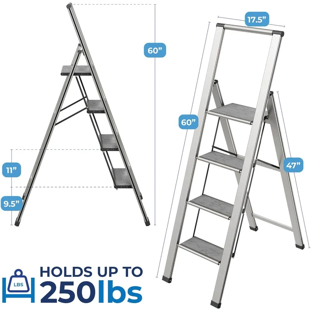سلم قابل للطي بأربعة خطوات - خشب رمادي وألومنيوم فضي أنيق، تصميم نحيف، معالجات مضادة للانزلاق، متينة ومحمولة، مثالية للحمل