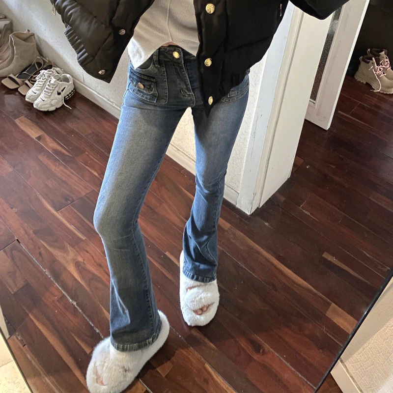 

Retro Blue Bell Bottom Jeans Women's Tall Extended High Waist Slim Fit Bodycon Floor Length Pants Tight Fitting Long Trousers