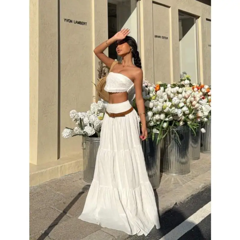 

L 33997 Women's Pure Color Pleated Waist Lace Skirt Cross-Border New Sle Vintage Ciwalk Nine-Piece Pants Elastic Micro St...