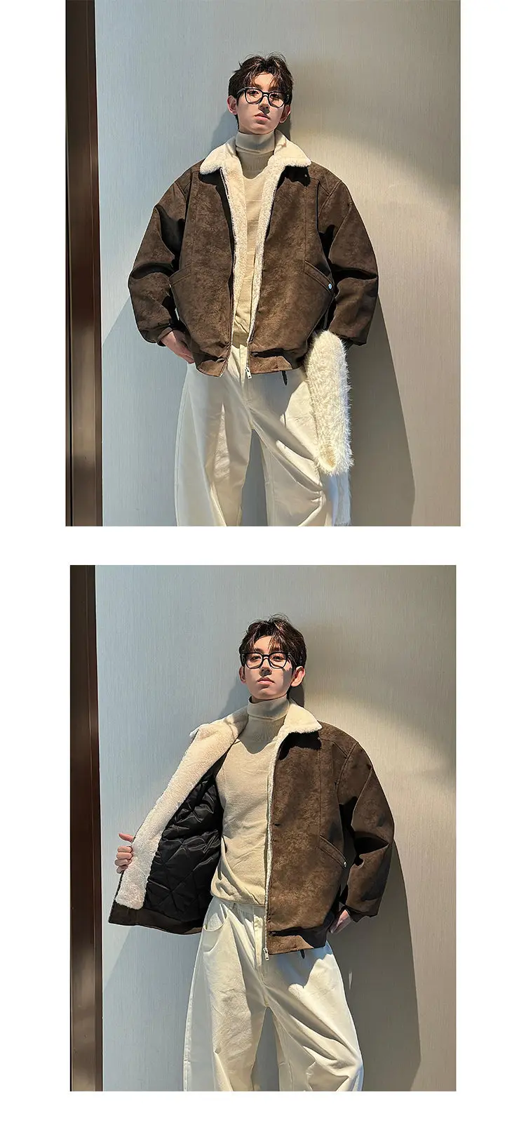 Winter Maillard Fleece Lined PU Leather Puffer Jacket Men's Thick Warm Couple Coat