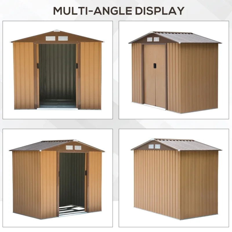 200cm*156cm*200cm  Steel Outdoor Shed Organizer, Garden Storage with 4 Vents for Airflow and 2 Easy Sliding Doors, Brown