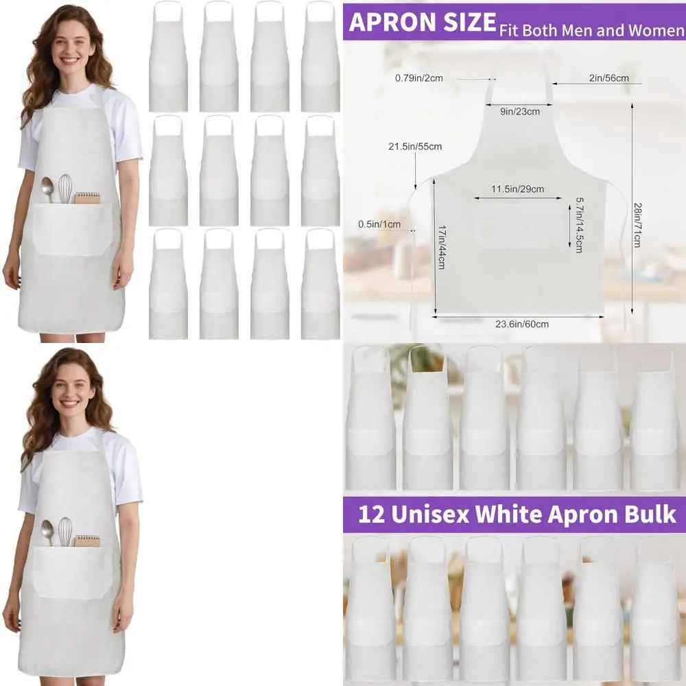 

12-Pack Unisex White Aprons with 2 Pockets for Adult Cooking and Painting, Machine Washable