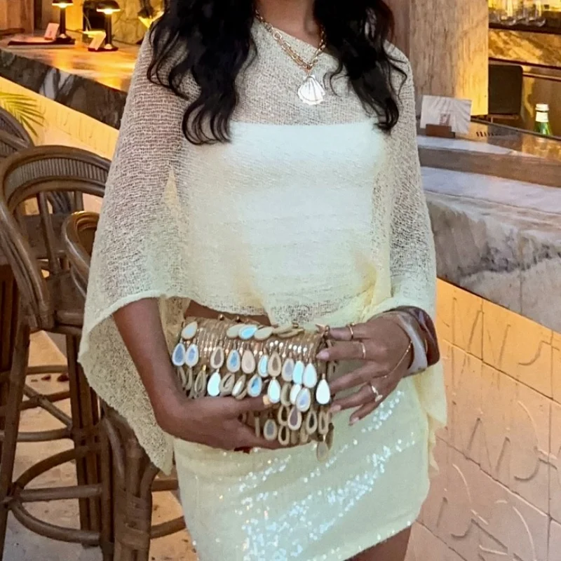 Copricostumi in maglia da donna Estate Autunno Pullover allentato irregolare trasparente Summer Beach Grembiule Crop Top Copricostumi bikini