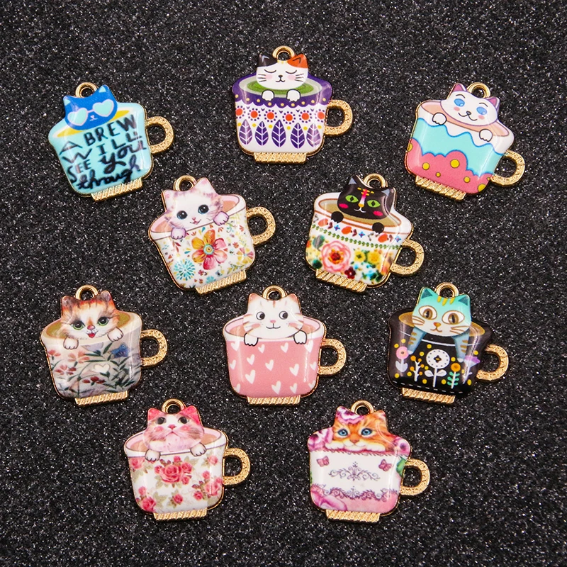 10Pcs 10Color 23x23MM Alloy Metal Drop Oil Printing Cup Cat Charm Animal Pendant For Enamel DIY Bracelet Necklace Jewelry Making