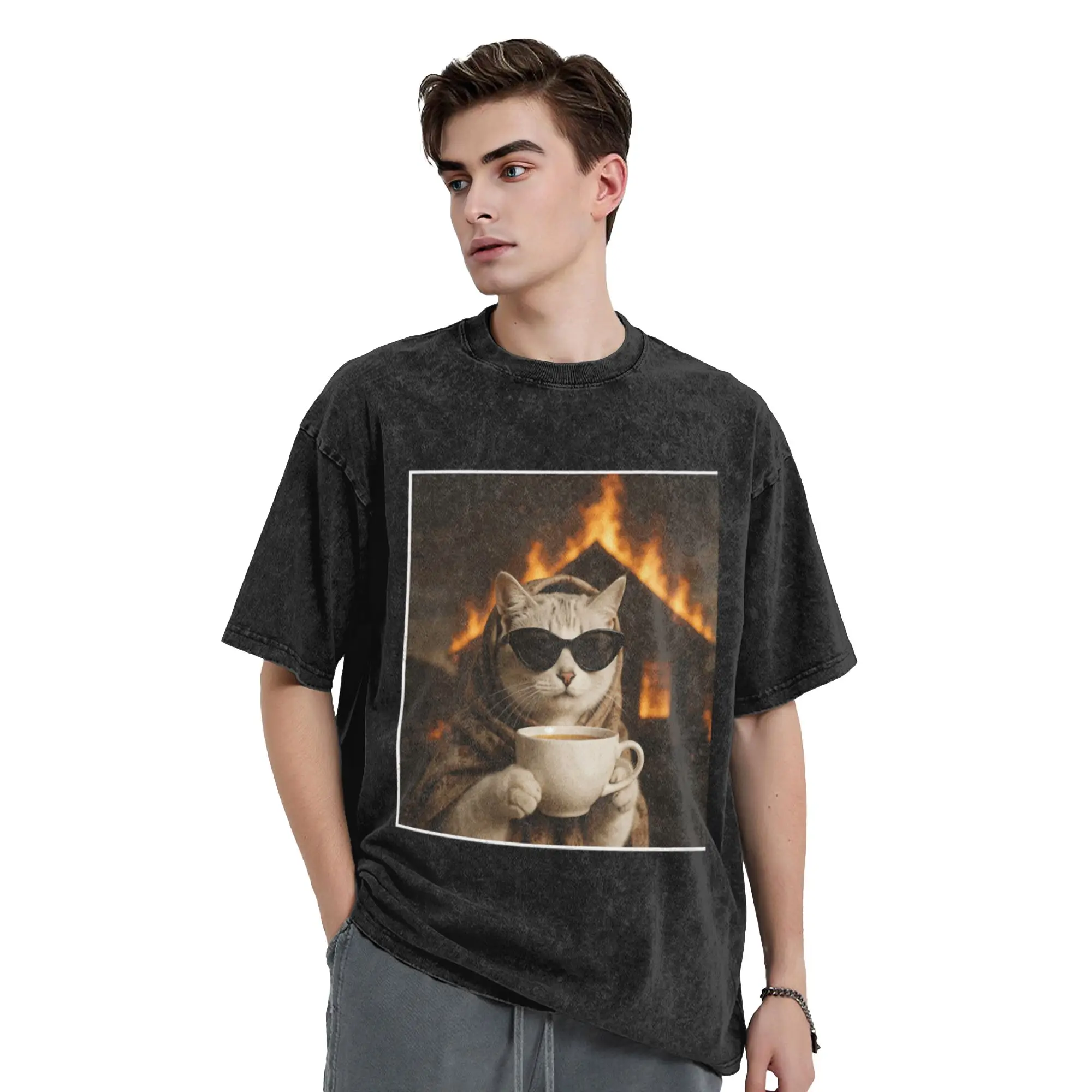 Funny Calm Cat Wearing Sunglasses and Drinking Coffee While the House Burns Unique A Vintage Oversized Cotton Unisex T-Shirts
