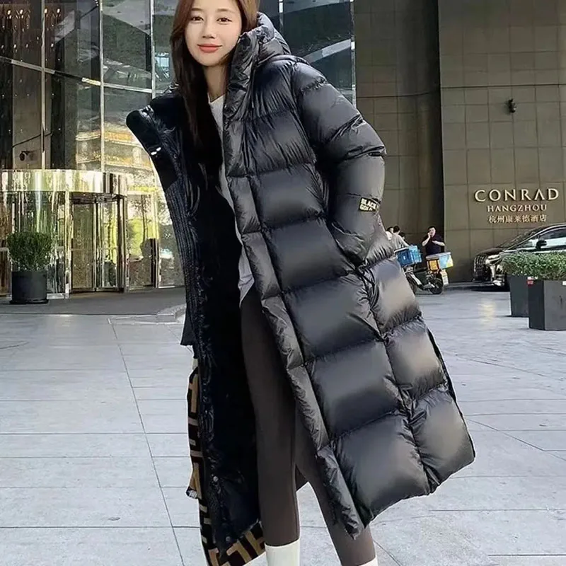 New Female Black Gold Down Jacket Winter Cold Warm 90% White Duck Down Coat Men Women The Same Thick Long Hooded Parker Overcoat