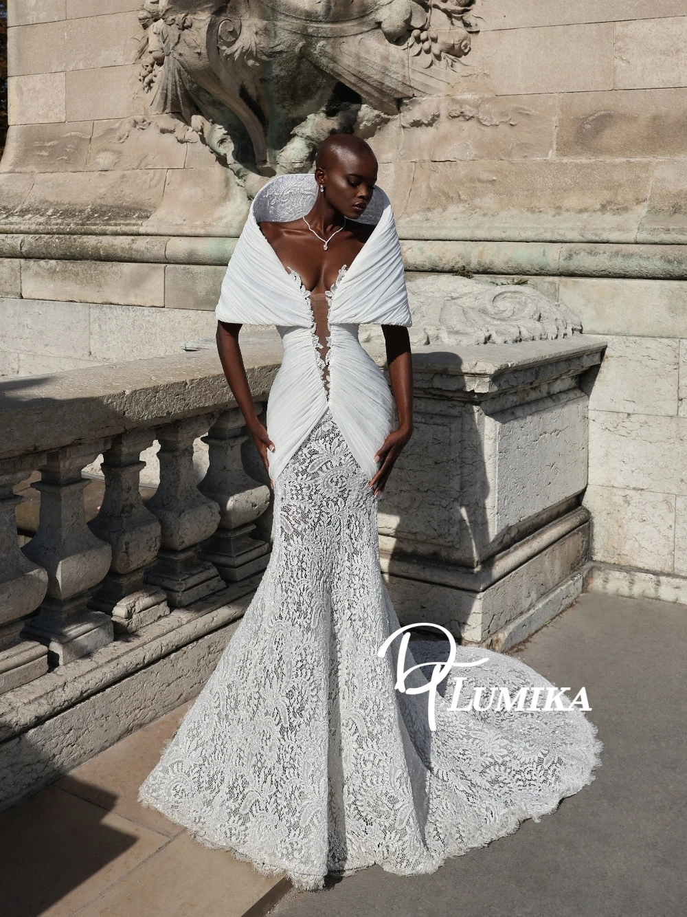 New Unique Oversized Collar Deep V Neck Wedding Dress Delicate Ruched Chiffon Beaded Lace Bridal Gown Customized Mermaid Wear