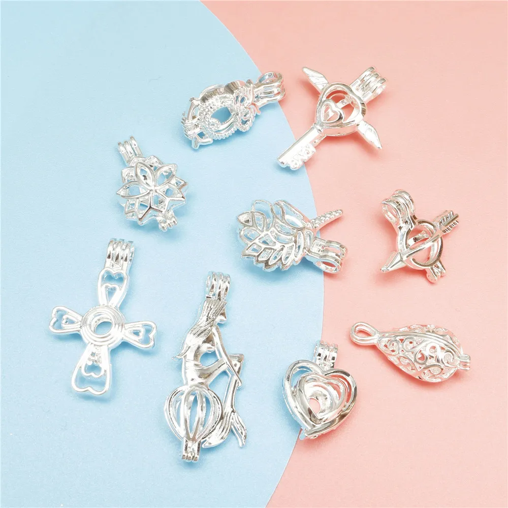 9pcs/Lot Mixed Pearl Cage Color Pendants Aromatherapy Mermaid Essential Oil Diffuser Necklace Locket For DIY Jewelry