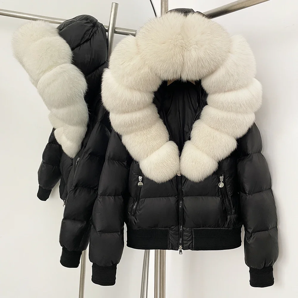 

Natural Fur Hooded White Duck Down Coat 2025 New Autumn Winter Fashion Warm Women Real Fox Fur Collar Thick Fluffy Puffer Jacket