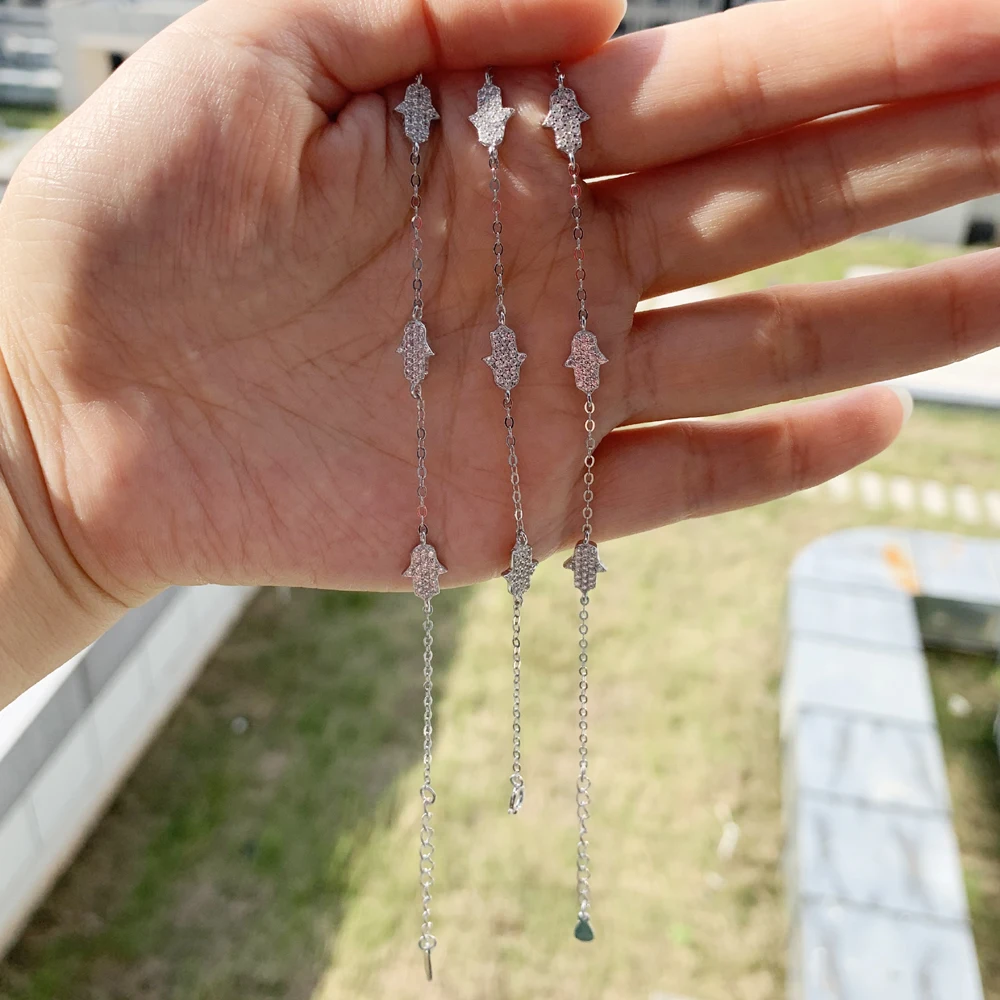 100% 925 Sterling Silver Fatima Hand Hamsa paved AAA cubic zirconia tiny delicate adjustable Bracelets for Women Simple Jewelry