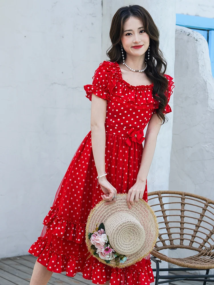 Red Polka Dot Dress Round Neck 2025 Summer New Collection Waist Cinching Temperament Slimming High-end Exquisite Retro Dress