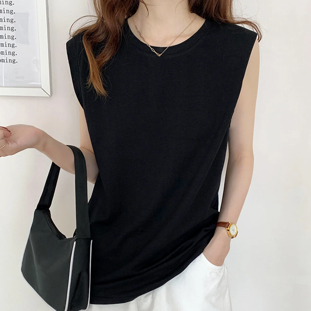 Pure Color Round Neckline Outdoor Wear Sleeveless T-shirt Women Summer Loose Base Shirt Slim Casual Vest Top Clothing