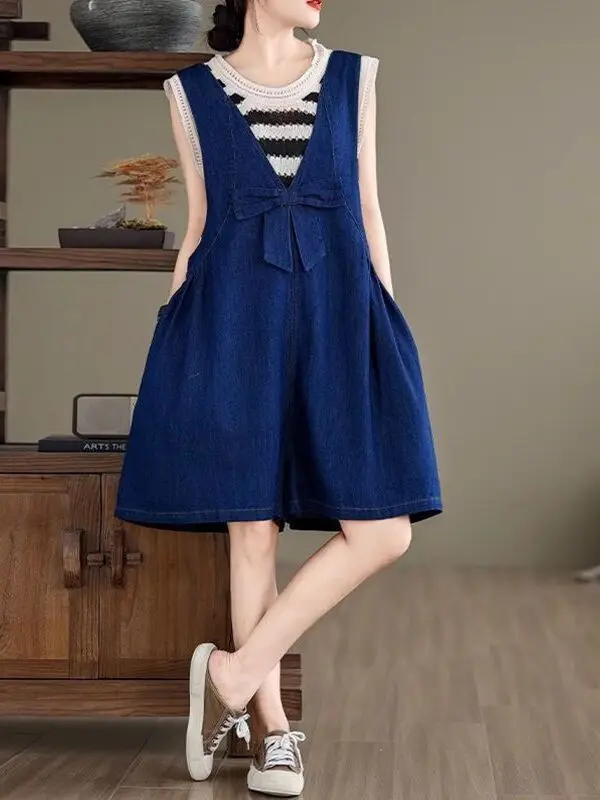 

Slimming Denim Overalls with Bow Tie Women's Summer Faionable orts plus Size Knot Strap Jumpsuits for plus Size...