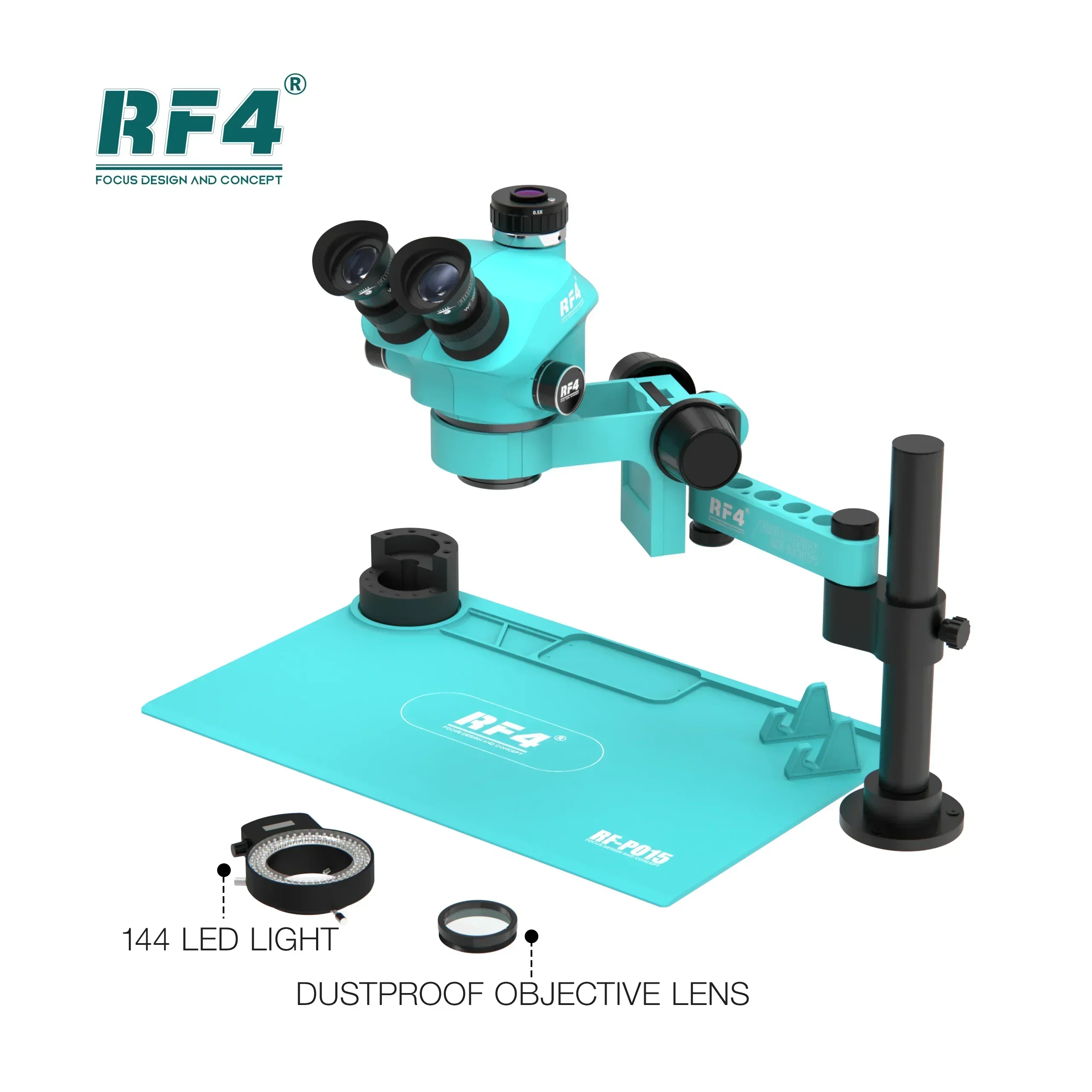 RF4 RF-7050PRO-FO19 360° Adjustable Universal Telescopic Rotating Lifting Trinocular Microscope with Silicone Pad for PCB Repair