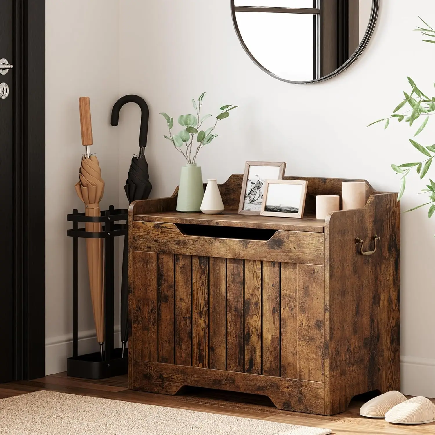 63cm Storage Chest Wooden Storage Bench with Hinge Retro Blanket Storage Trunk for Entryway Living Room Supports 350 lb Brown