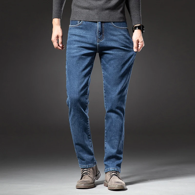 冬のメンズフリース暖かいジーンズファッション弾性ストレートビジネスカジュアルダークブルーデニムパンツ肥厚ぬいぐるみベルベットズボン