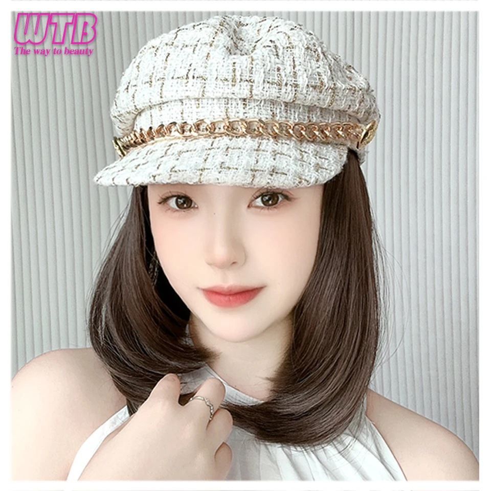 WTB Synthetic hat wig short hair clavicle hair one female fashion autumn and winter new octagonal hat heat-resistant wig