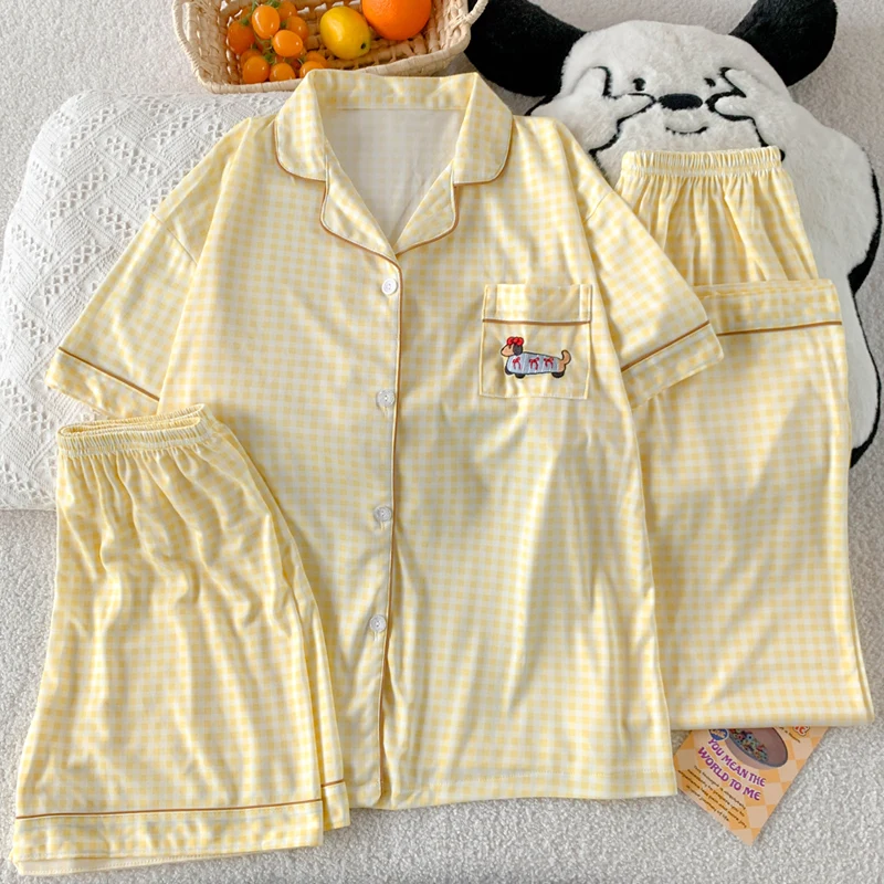 

Embroidery Cartoon Dog Plaid Sweet Women's Pajamas Set Button Top & Elastic Waist Pants 3PC Pajamas Summer New Casual Nightwear