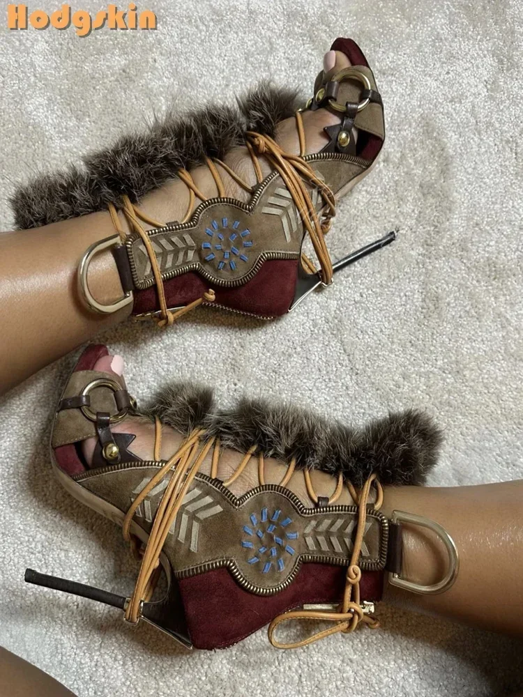 Patchwork Suede Faux Fur Decor Sandals Retro Round Toe Metal Buckle Strappy Stilettos 2026 Summer Women Lace-up Shoes High Heels view 2