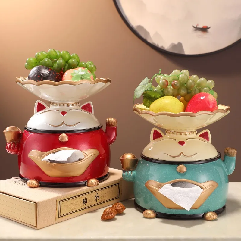 Multifunctional Resin Storage Tissue Box Living Room Coffee Table High-Value Lucky Cat Fruit Plate Tissue Holder Ornament