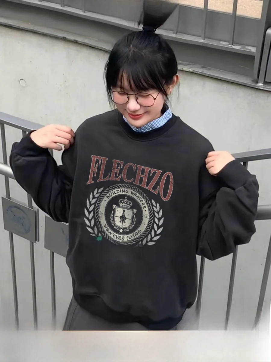 

American Sle Retro round Ne Sweatirt Loose Men's Lazy College Sle Autumn Winter Outerwear for Couples Casual Streetwear