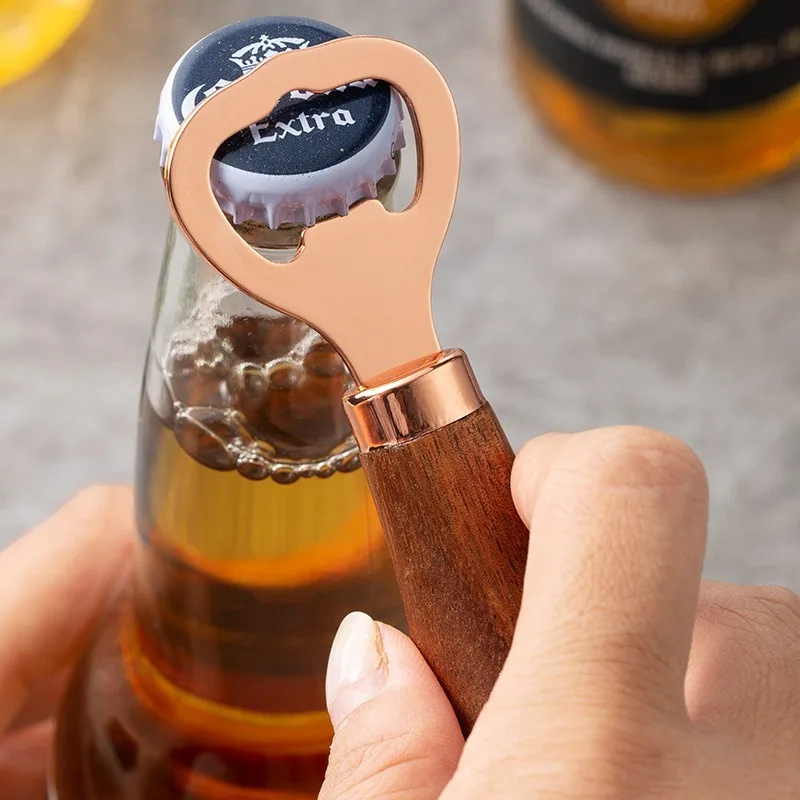 Acacia Wood Beer Bottle Opener Household Solid Wood Handle Rose Gold Chuangyili Stainless Steel Bottle Opener 1PCS