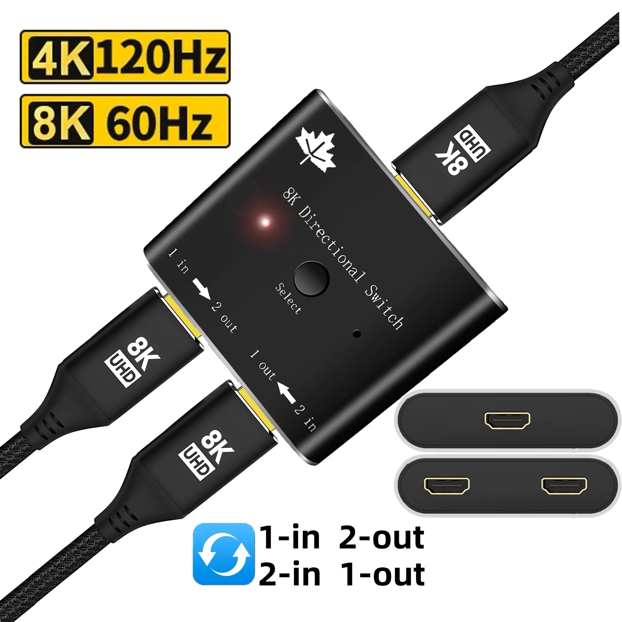 HDMI-compatible 2.1 Switch 2 in 1 Out, 4K@120Hz 8K Ultra HD Switcher Splitter 48Gbps Bi-Directional Compatible with PC Monitor