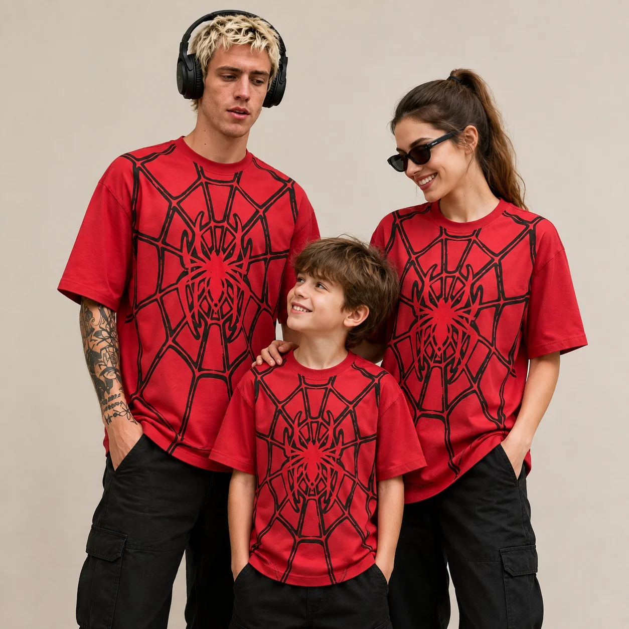 Hot Selling Red Spider Print Parent‑Child Matching T‑Shirt, Breathable Unisex Family Casual Short Sleeve Jersey Tops