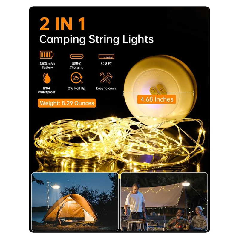 LICE-2-In-1 야외 캠핑 스트링 라이트, 5가지 조명 모드, 텐트, 마당, 장식용 휴대용 Led 캠핑 랜턴(32.8FT)