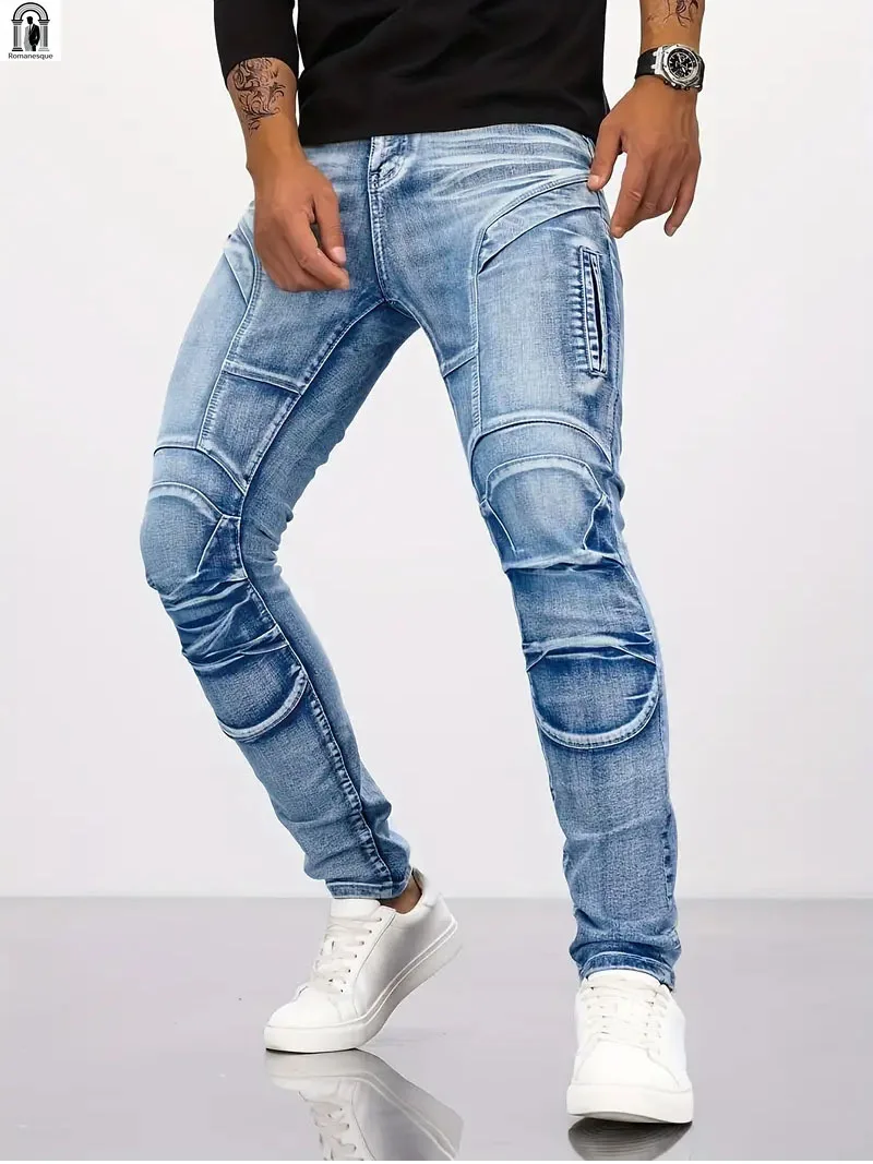 

Two tone distressed patchwork jeans for men trendy jeans for summer thin straight leg pants slim fit small leg distressed jeans