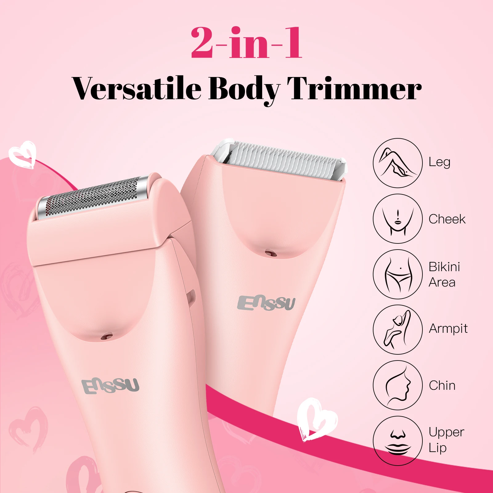Enssu Women's Bikini Electric Push Shear 2-in-1 for Private Bikini Area, Legs, Arms, and Armpits, Waterproof Electric Shaver