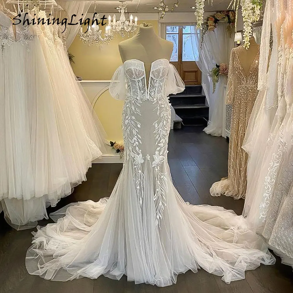 

ShiningLigt Boho Mermaid Wedding Dresses Lace Appliques A-line Bride Gown Off-Shoulder Bride Dress vestidos de novia Customized