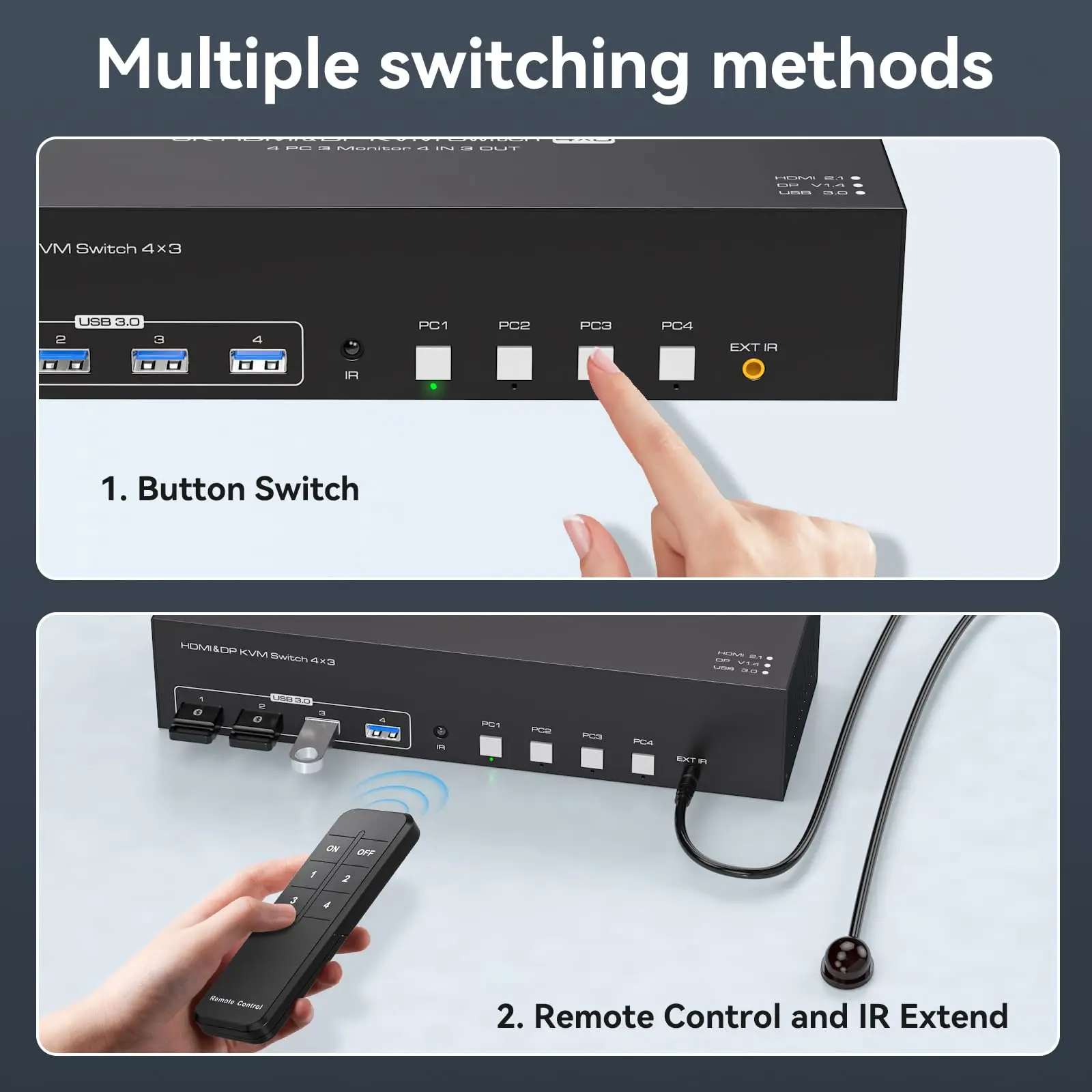 8k HDMI+2 Displayport KVM Switch 4 Computers 3 Monitors DP1.4 KVM Switch 4 Computers Sharing Three Monitors and 4 USB3.0 Devices