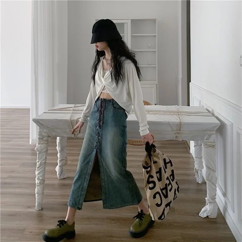 

Fashion Temperament Long Skirts for Women Spring and Autumn Sexy Retro Strap High Waist Fishtail Cowboy Bust Straight Skirt