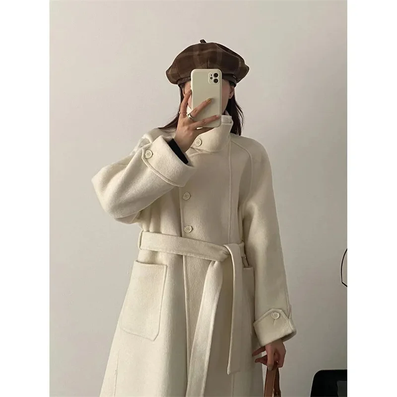 

Шерстяное пальто женское, осень-зима 2021, средняя длина, регулируемая талия, толстые повседневные модные шерстяные пальто с длинными рукавами