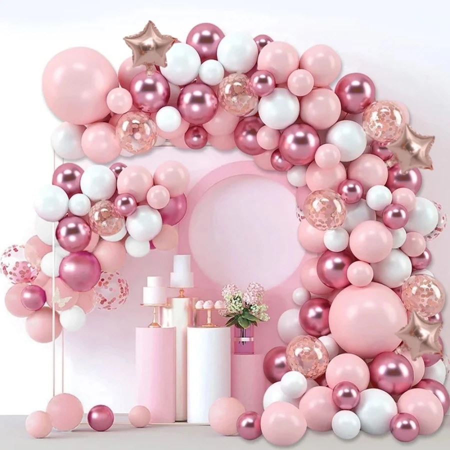 125-teiliges Rosa und Weißes Party-Ballonbogen-Set, mit Roségold Fünfzackigen Stern-Aluminiumfolienballons und Glitzerballons – Detail 2