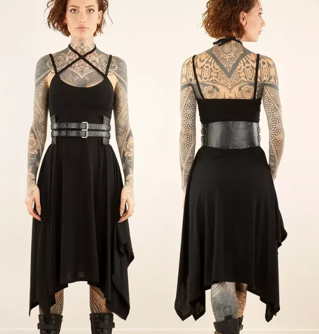 Western  Summer Dark Punk Gothic Cami Dress, Waist‑cinching Slim‑fit Irregular Hem Dress, Goth Party Outfit (Belt Not Included